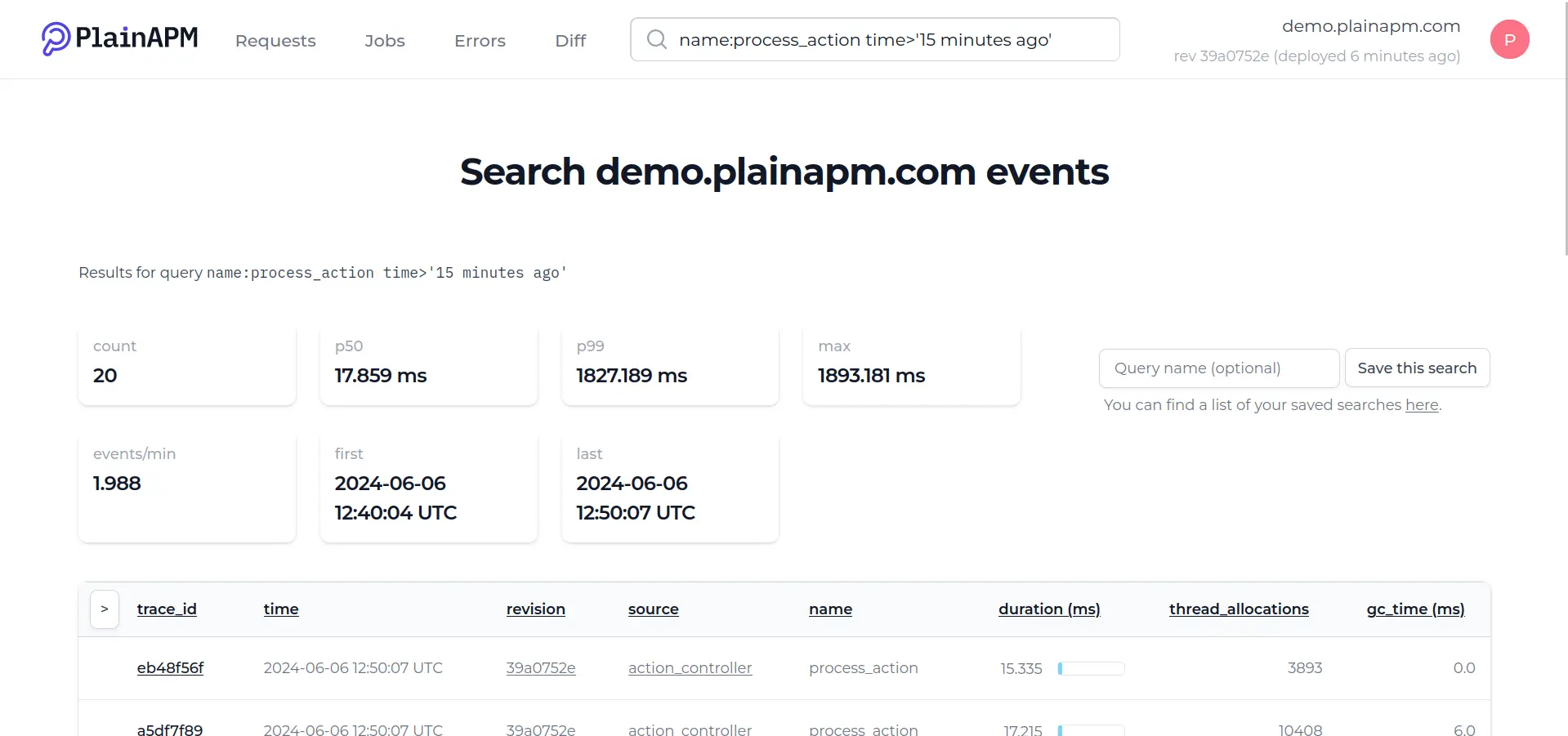 Event search results with statistics about first/last time, events count, events per minute, and median/p99/maximum duration