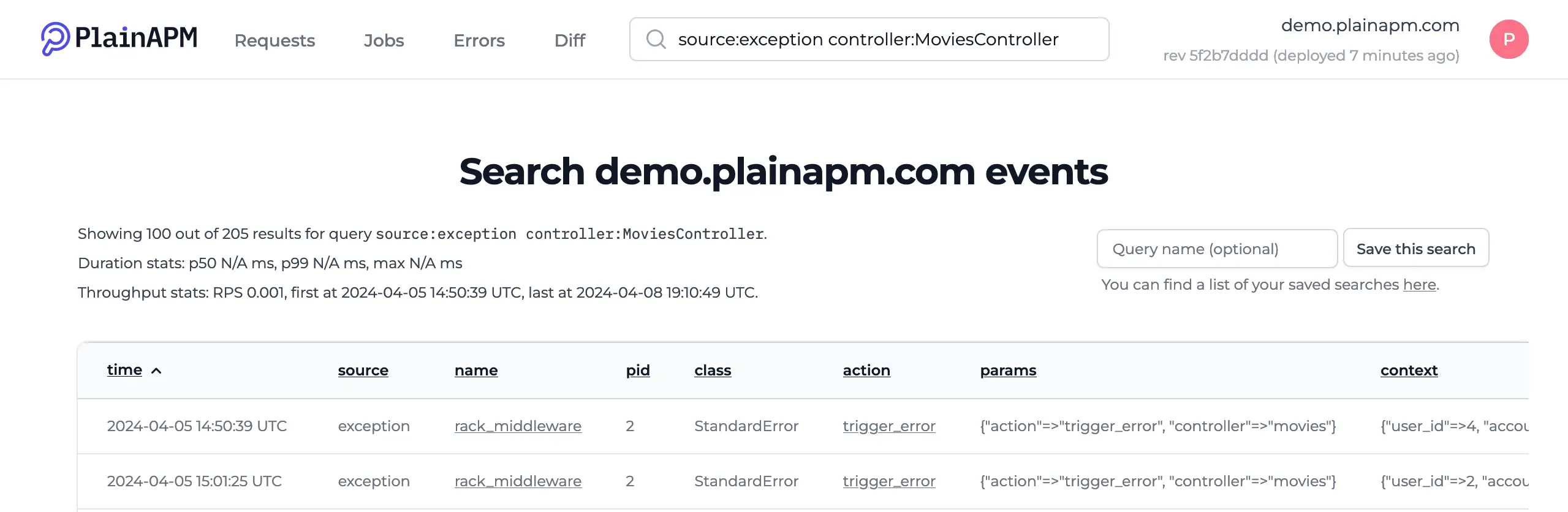 Search query results w/ exceptions that happened in the MoviesController